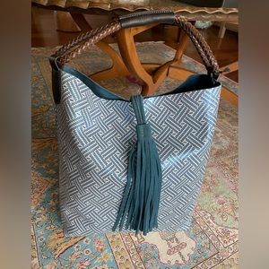 Uno Alla Volta Florentine Suede Blue Weave Shimmer Printed Bucket Hobo Bag NEW